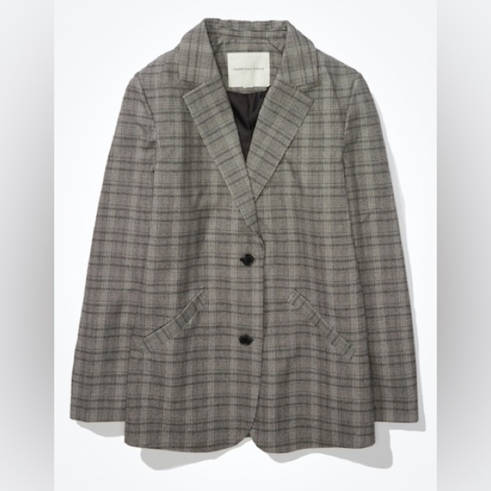 Plaid Single-Breasted Blazer Jacket - Grey
